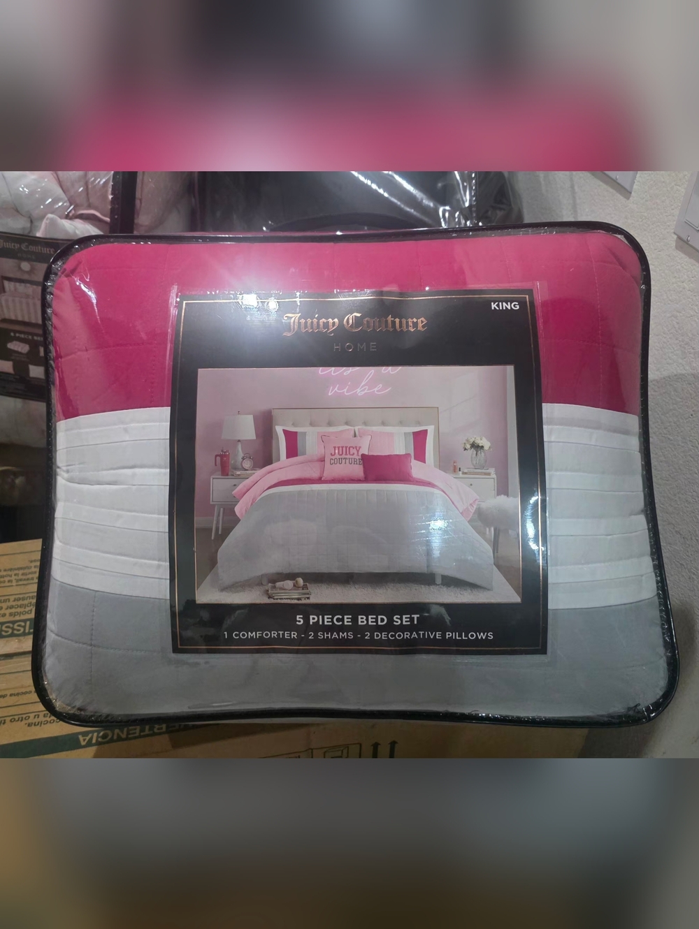 Juicy Couture Pink and Gray Colorblock 5-Piece King Size Bedding Set